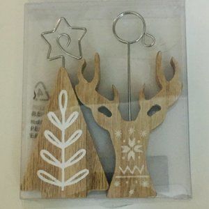 Xmas 2x Placecard Photo Holders Wood Christmas Holiday Tree Reindeer CelebrateIt